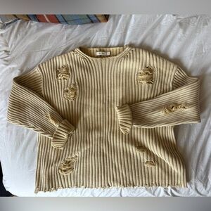 Distressed Rib-Knit Crewneck Sweater - Cream